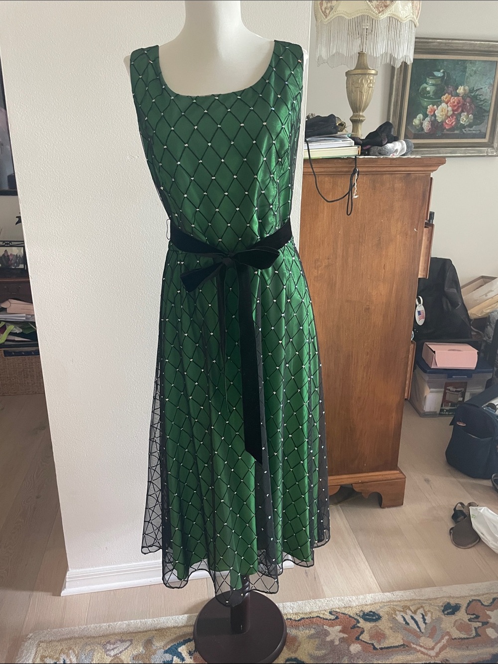 Coldwater Creek Emerald Green Beaded Midi Dress with Black Velvet Sash